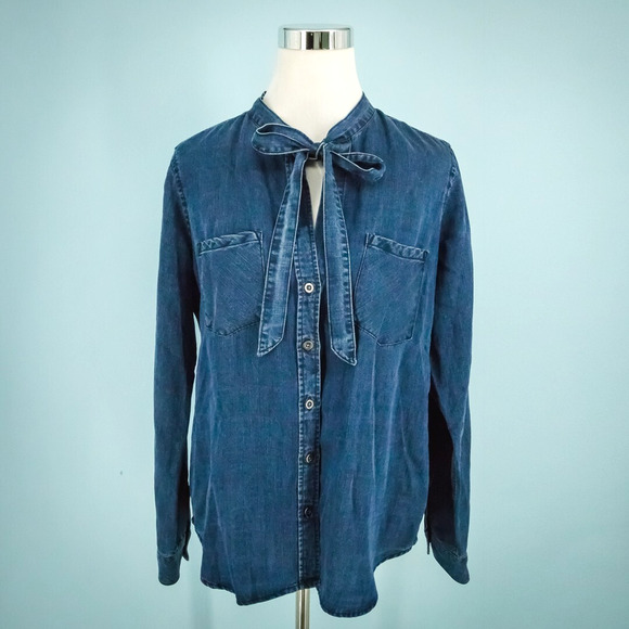 Rails Size Small S Rosalee Denim Chambray Dark Wash Tie Neck Long Sleeve Top - Picture 1 of 8